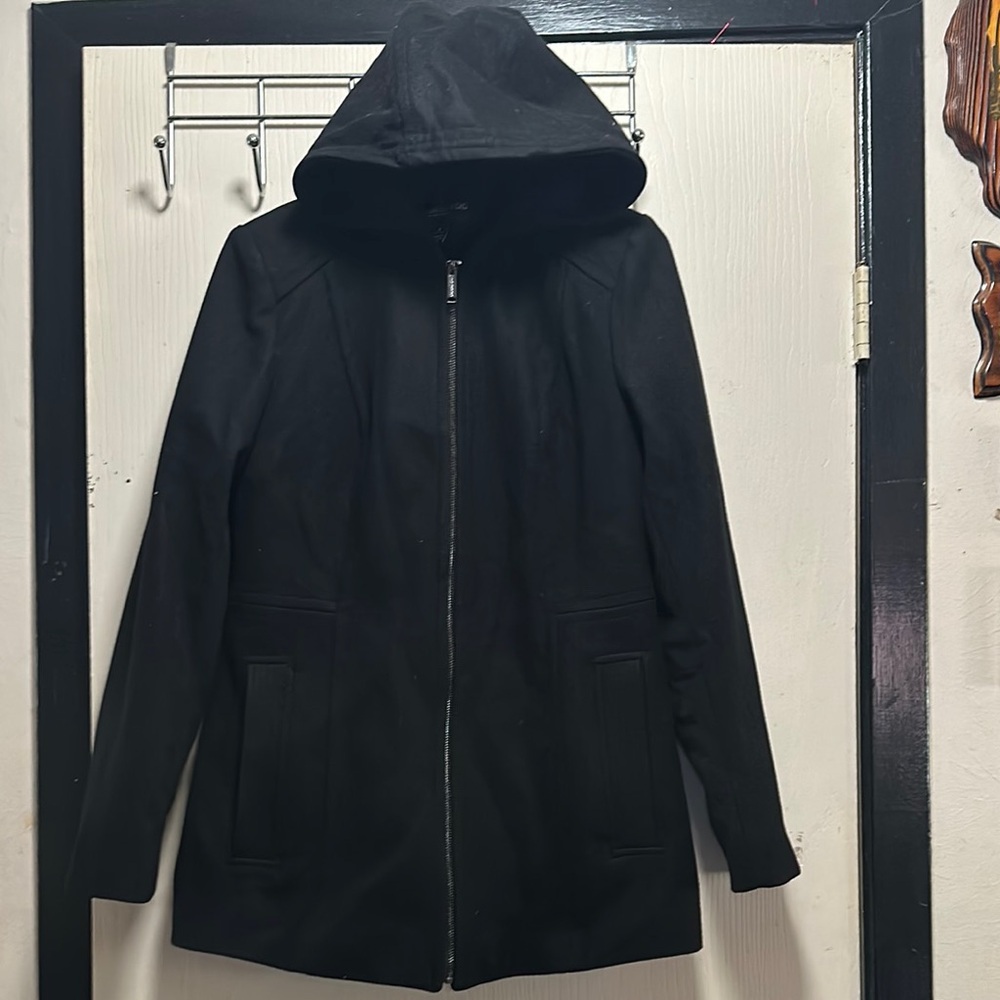 London Fog Black Hooded Wool Blend Coat - Size Small - Picture 15 of 16